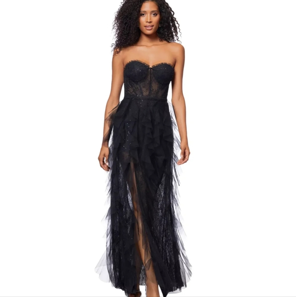 Betsy & Adam Strapless Black Sheer Ruffled Tulle Gown